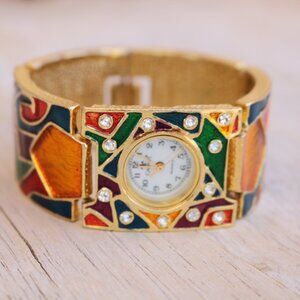 Cannes Ladies Cuff Watch Enamel & Rhinestone Gold Tone Quartz Japan